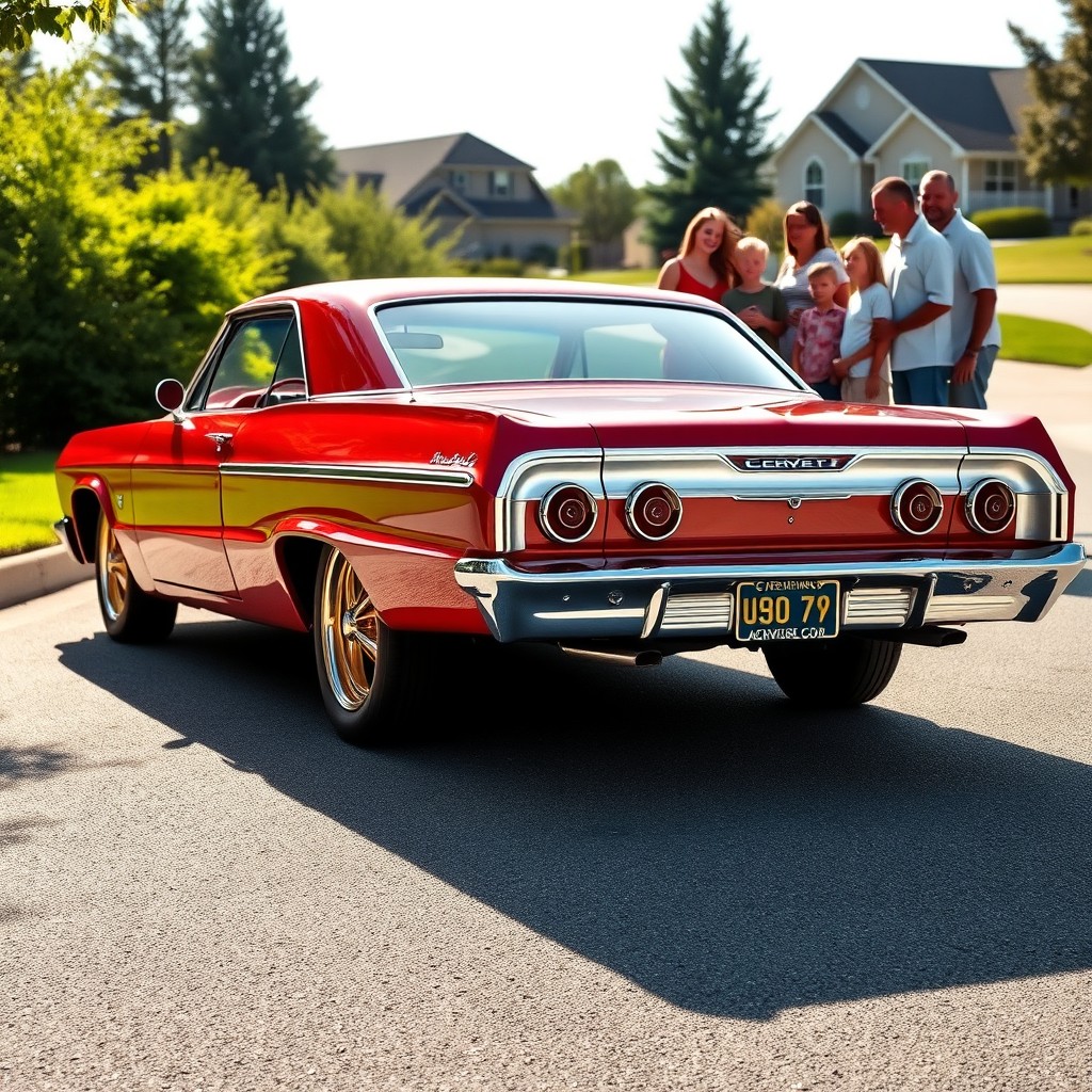 A stunning 1964 Chevy Impala in a vibrant cherry red color, featuring eye-catching gold rims