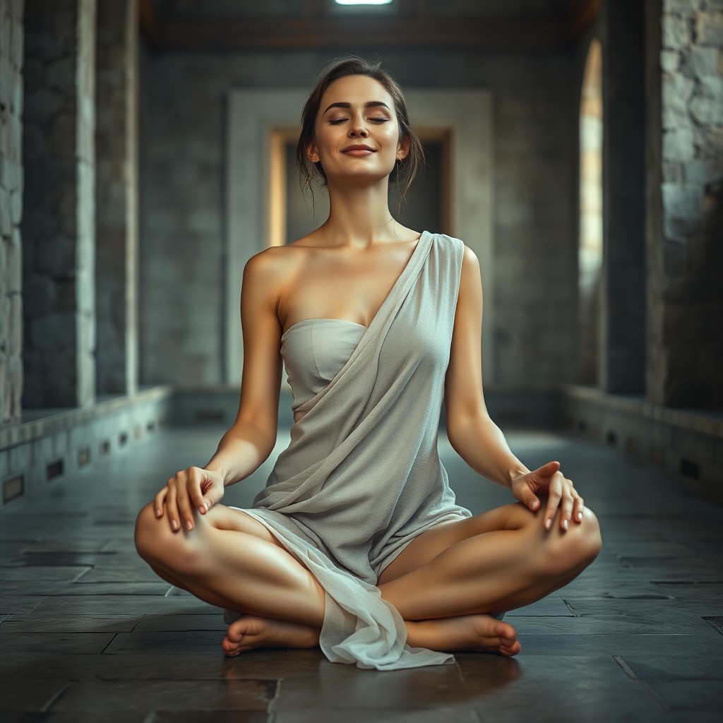 A beautiful Finnish woman with a large bust and slim waist, sitting cross-legged on the ancient floor of a bathhouse