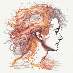 Generate a detailed drawing of a man viewing a side-profile woman, her hair imaginative and intricate as it takes the form of bright flames.