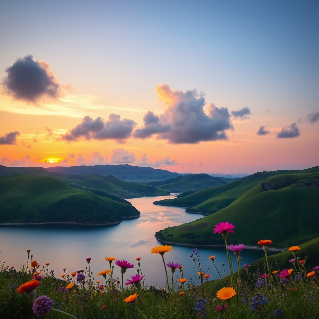 A serene, picturesque landscape featuring a tranquil body of water surrounded by lush, green hills and a colorful sunset sky