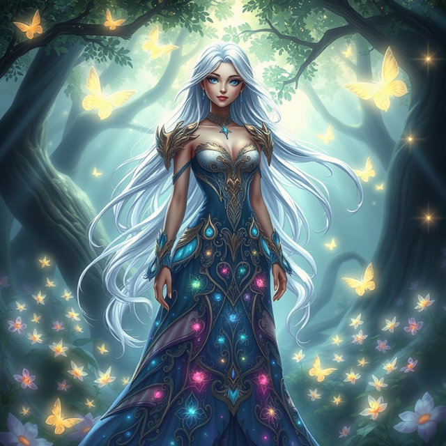 Sanaearl20, a stunning, ethereal character with flowing silver hair and bright azure eyes, wearing a regal, intricately designed gown that shimmers with a spectrum of colors