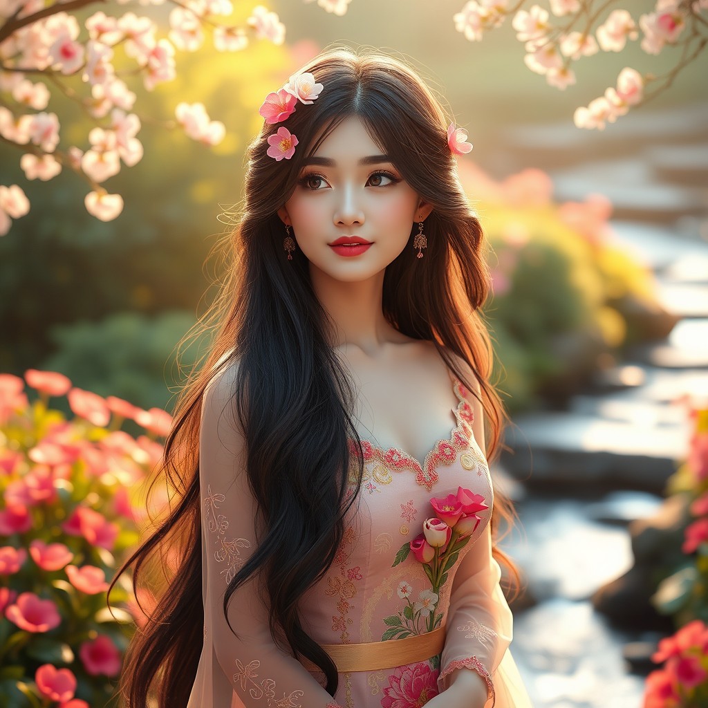 A beautiful, elegant woman with long, flowing black hair adorned with flowers, wearing a stunning traditional dress and standing in a serene garden surrounded by colorful blossoms