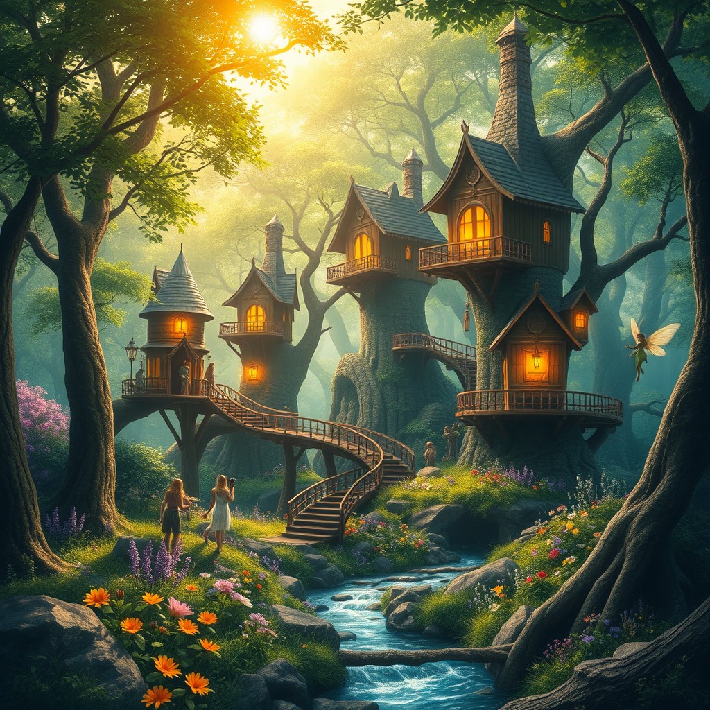 An enchanting fantasy landscape depicting a secluded elven village nestled within a lush, vibrant forest