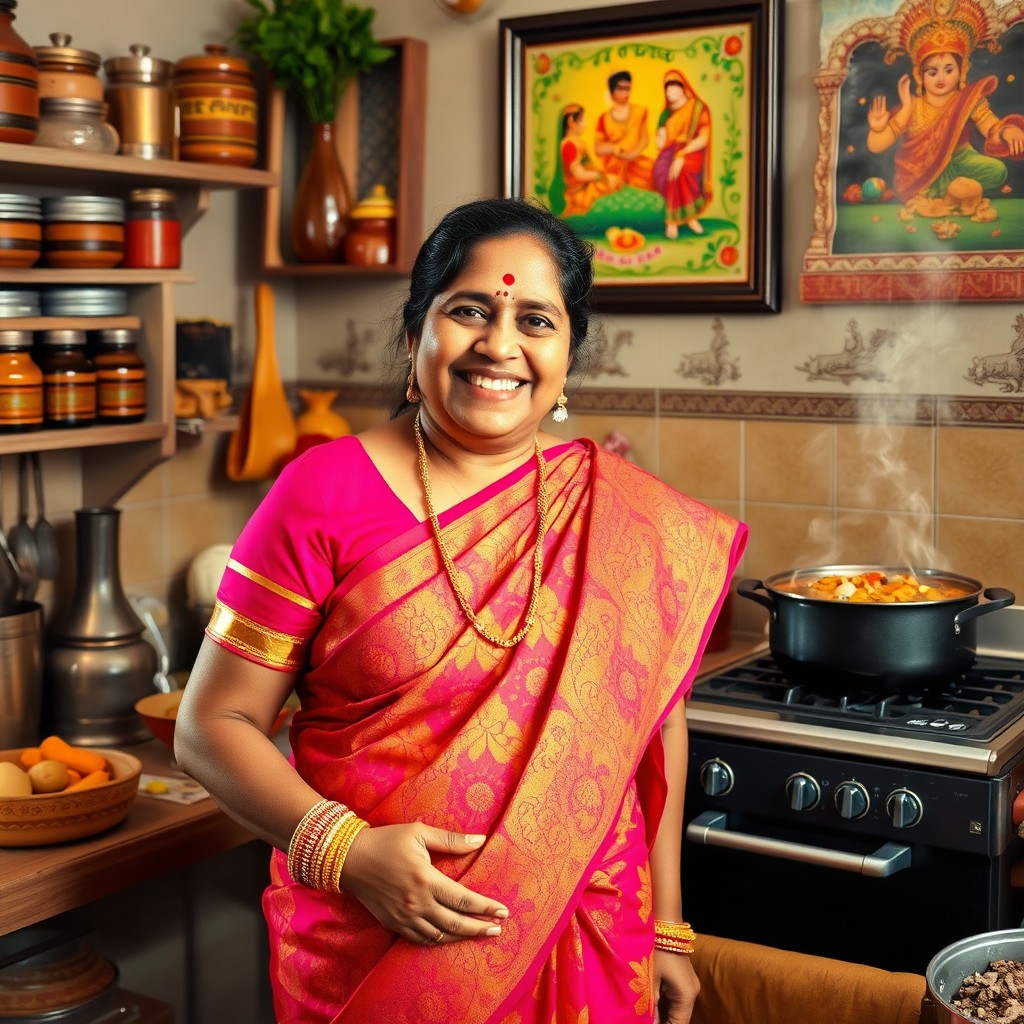 A warm and inviting scene featuring a Tamil aunty, representing traditional Tamil culture