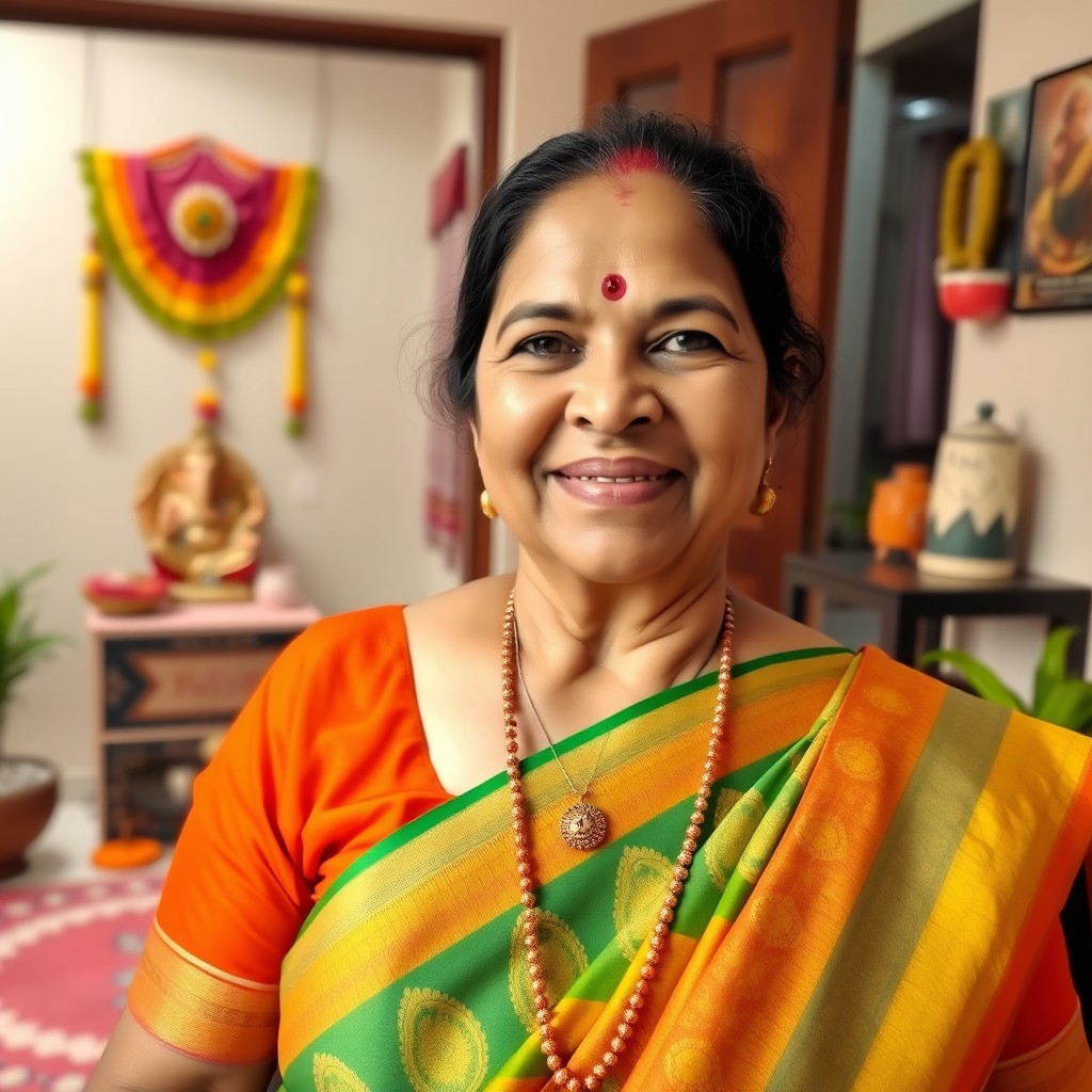A warm and inviting portrait of a Tamil aunty, showcasing her traditional attire with vibrant colors such as a bright sari adorned with intricate patterns