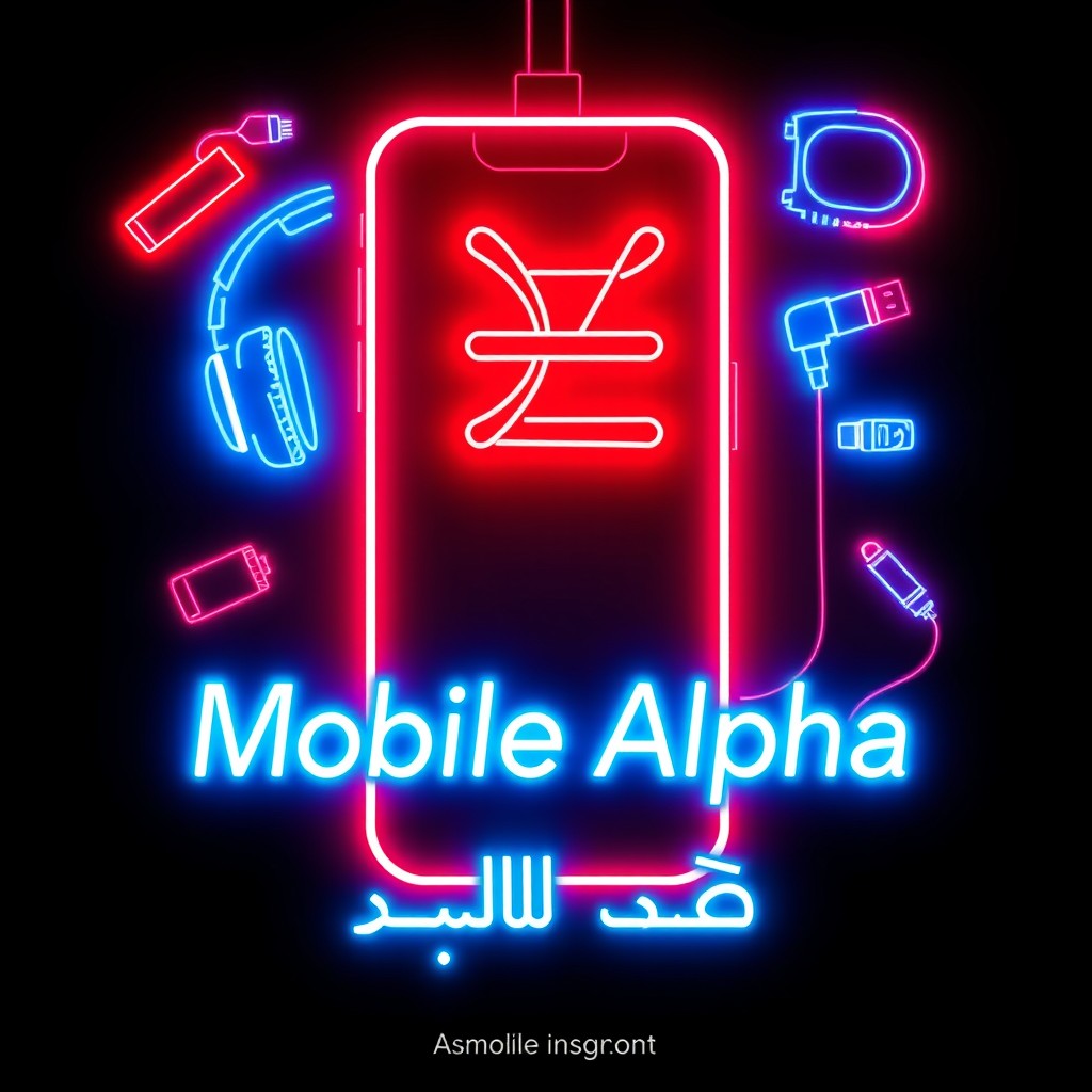 A neon sign design for a mobile store named "Mobile Alpha" featuring a sleek outline of an iPhone in glowing white neon
