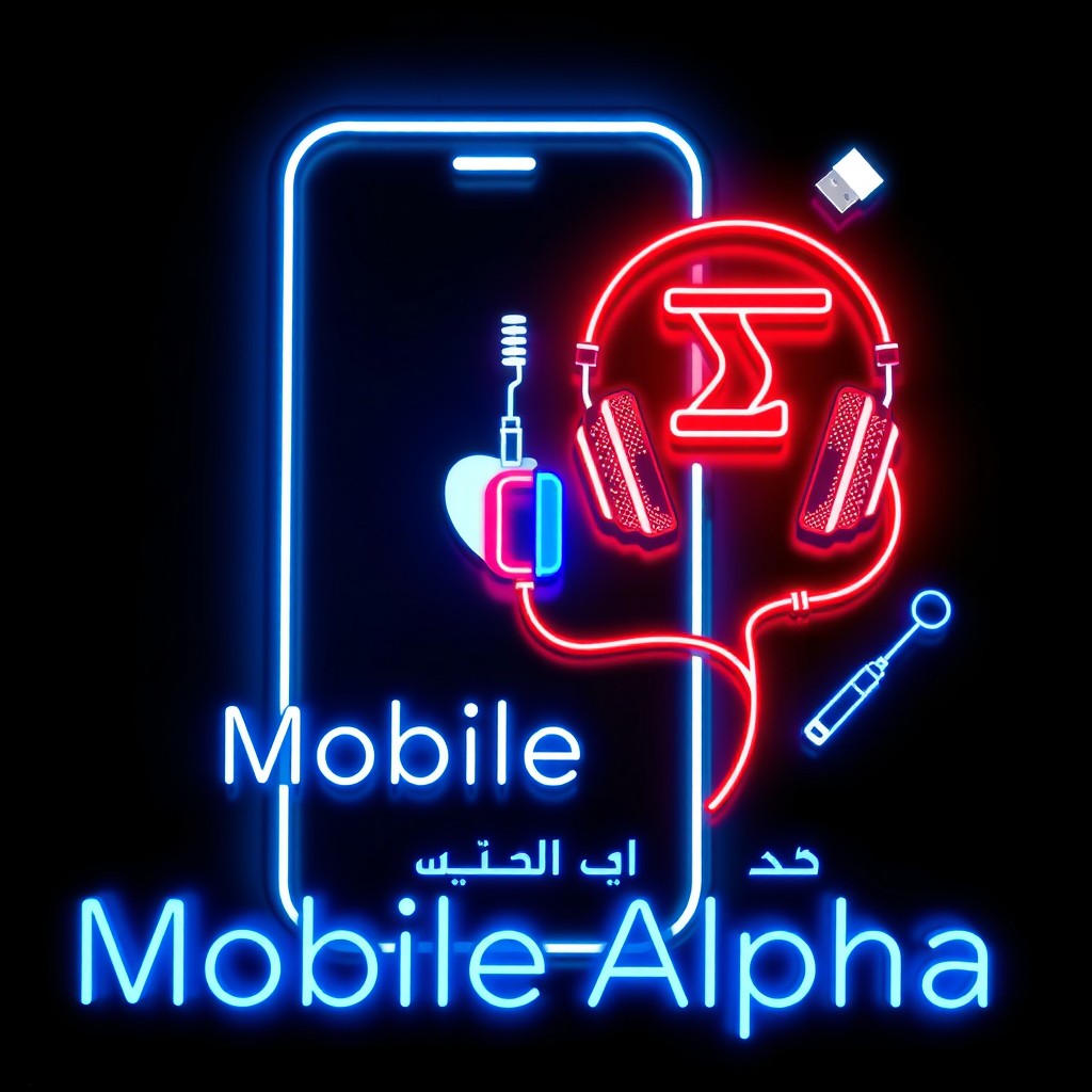 A neon sign design for a mobile store named "Mobile Alpha" featuring a sleek glowing white neon outline of an iPhone, the Greek letter "α" (alpha) in red neon with intricate circuit-style details, blue and red neon headphones and a USB cable, and tiny white neon repair tools including a screwdriver and magnifying glass