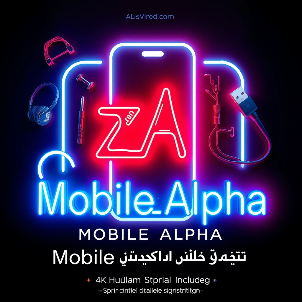 A neon sign design for a mobile store named 'Mobile Alpha', featuring a sleek iPhone outline glowing in white neon