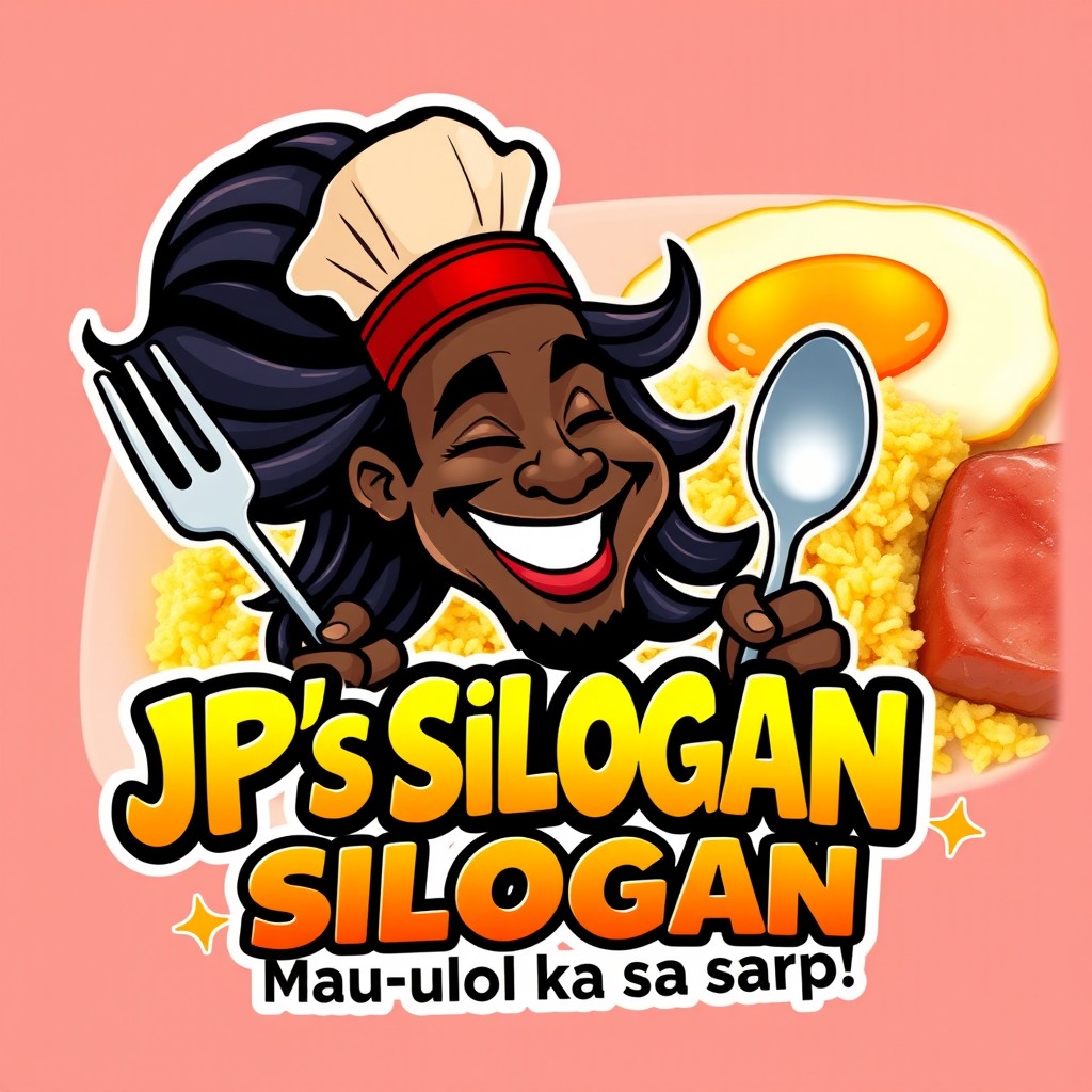 A vibrant, cartoon-style logo for a Filipino eatery named 'Jp's Silogan
