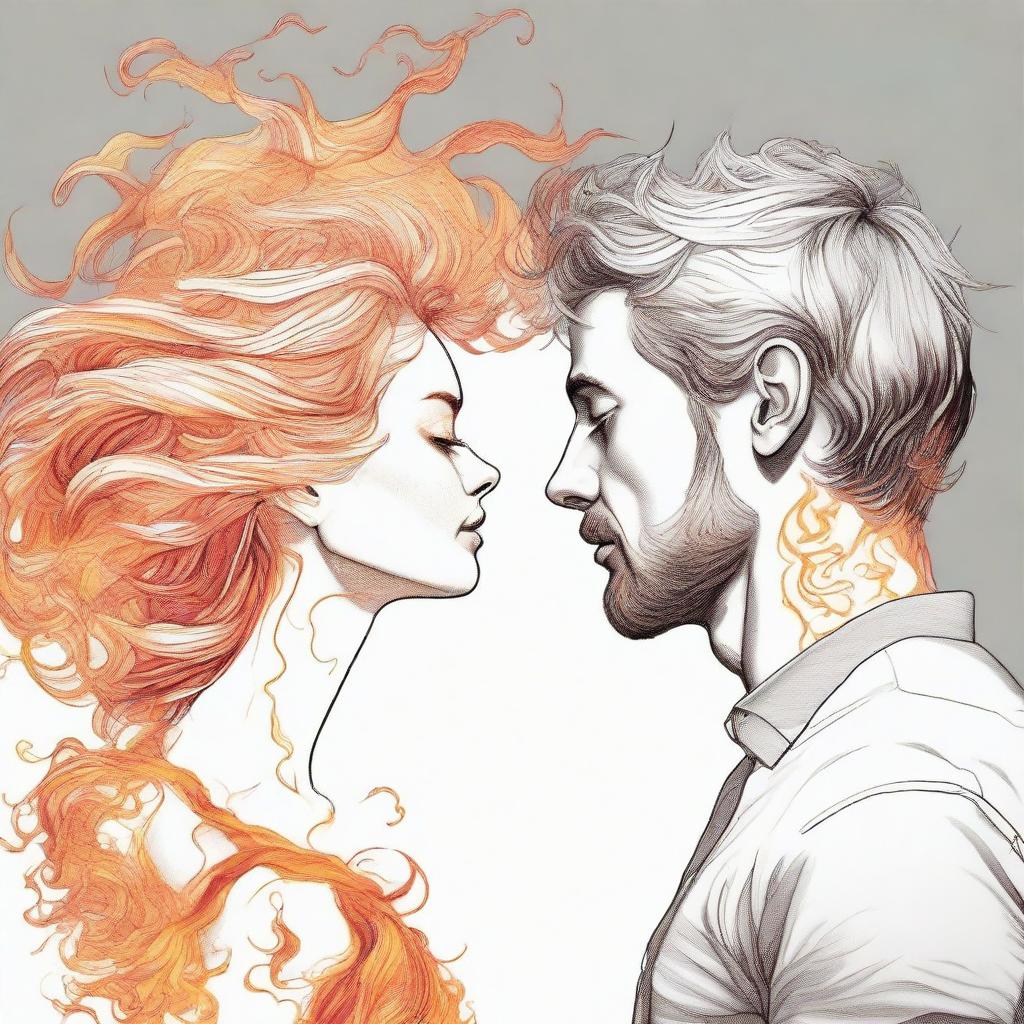 Generate a detailed drawing of a man viewing a side-profile woman, her hair imaginative and intricate as it takes the form of bright flames.