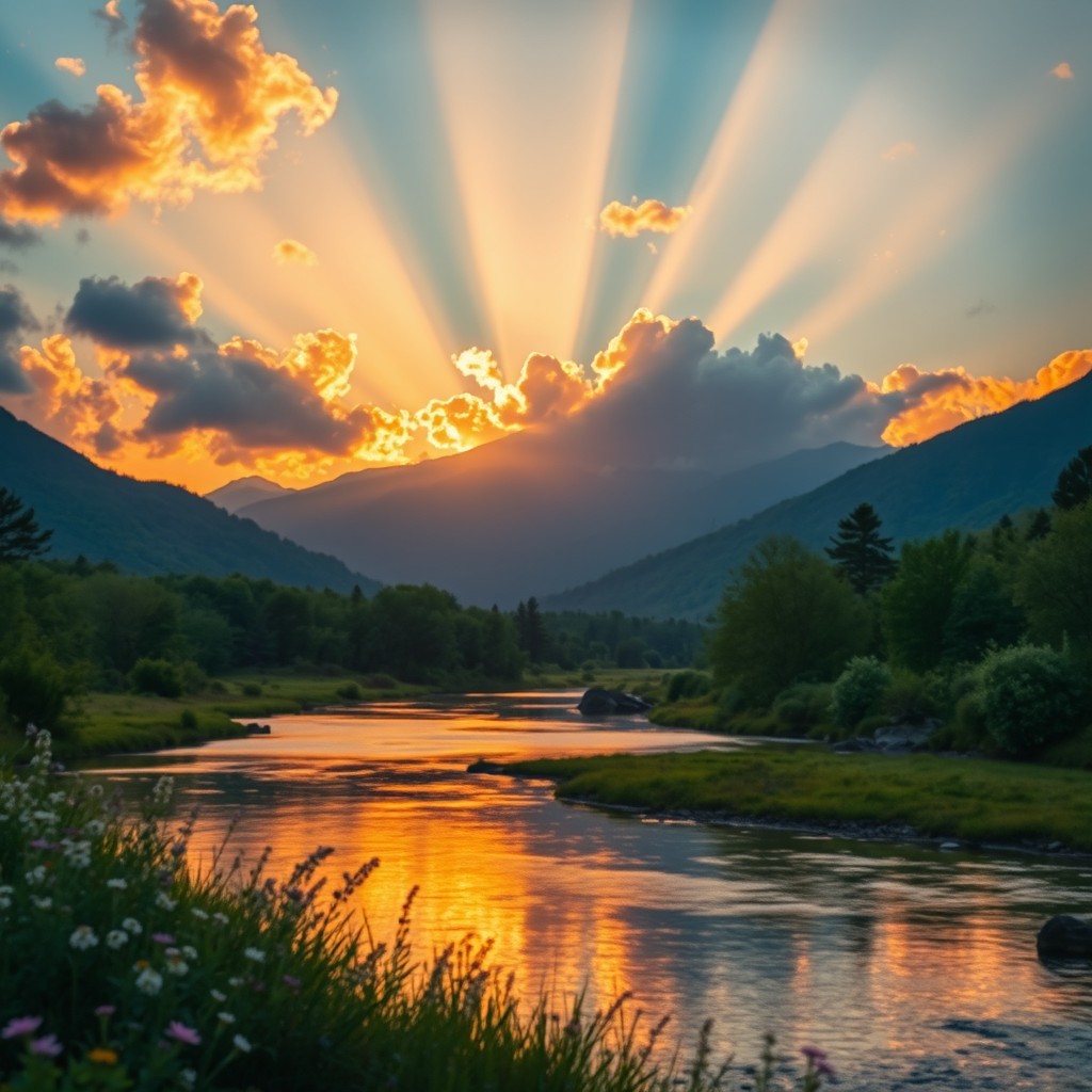 A serene and ethereal landscape at twilight, showcasing a beautiful sunset with rays of golden light piercing through fluffy clouds