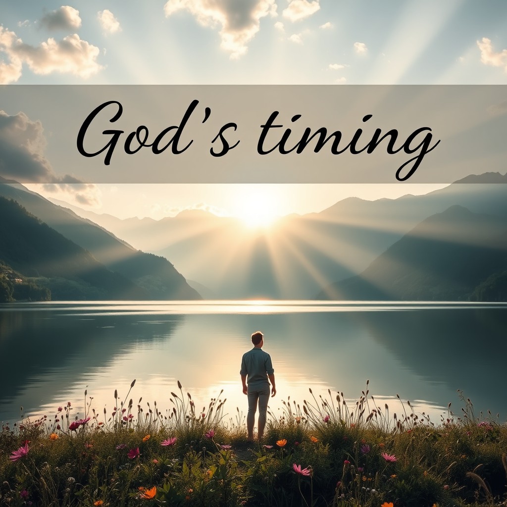 A serene landscape depicting the concept of 'God's timing', featuring a beautiful sunrise breaking over a calm lake surrounded by lush, green mountains