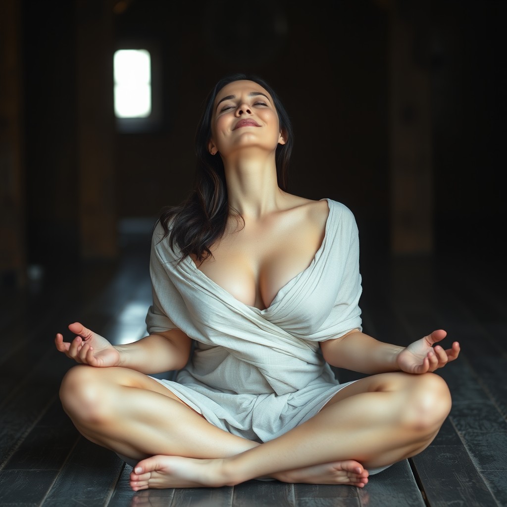 A beautiful Finnish woman with a large bust and slim waist, sitting cross-legged on the ancient bathhouse floor, leaning back on her arms with her chest up, breathing deeply