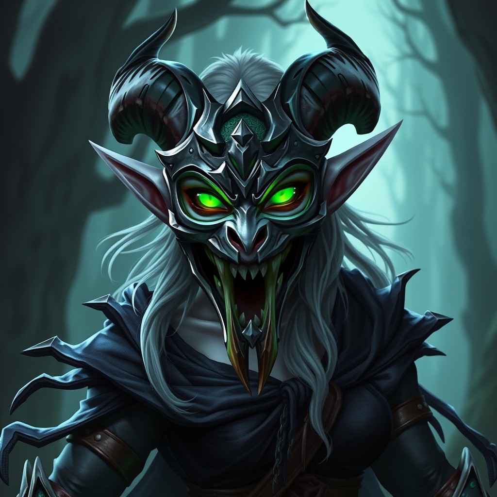 A powerful Blood Elf Demon Hunter character from World of Warcraft, showcasing gray skin and elegantly curved horns on her head