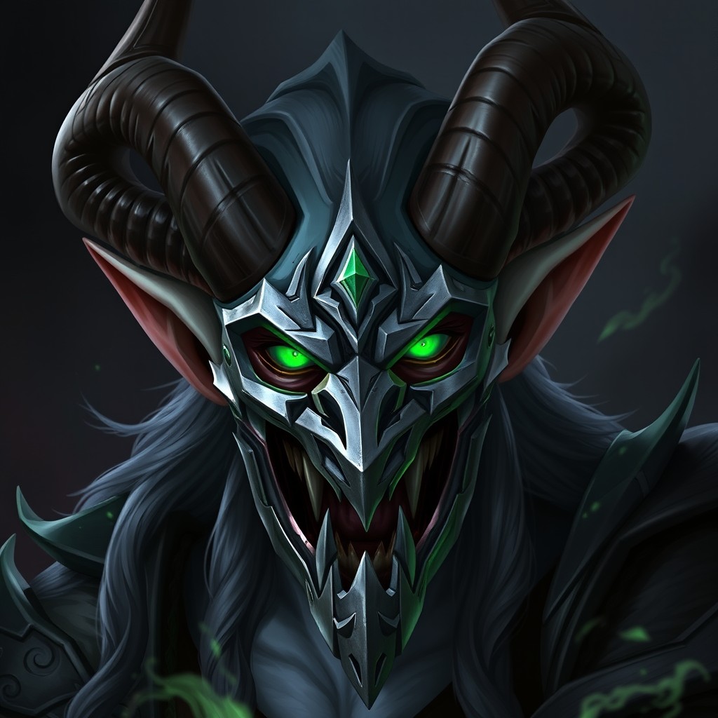 A fierce Blood Elf Demon Hunter from World of Warcraft, featuring gray skin and elegantly curved horns