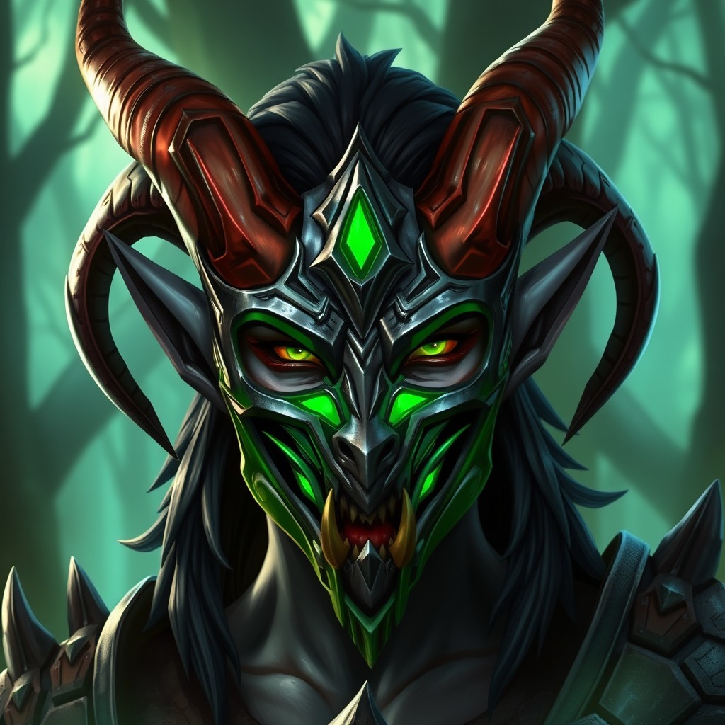 A striking Blood Elf Demon Hunter from World of Warcraft, featuring gray skin and prominent, curved horns that sweep forward