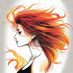 Produce a detailed drawing of a side-profile woman, her hair vividly visualized as vibrant flames.