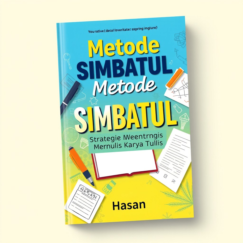 A creative and visually appealing book cover design for the title 'Metode SIMBATUL: Strategi Menulis Karya Tulis' by Hasan