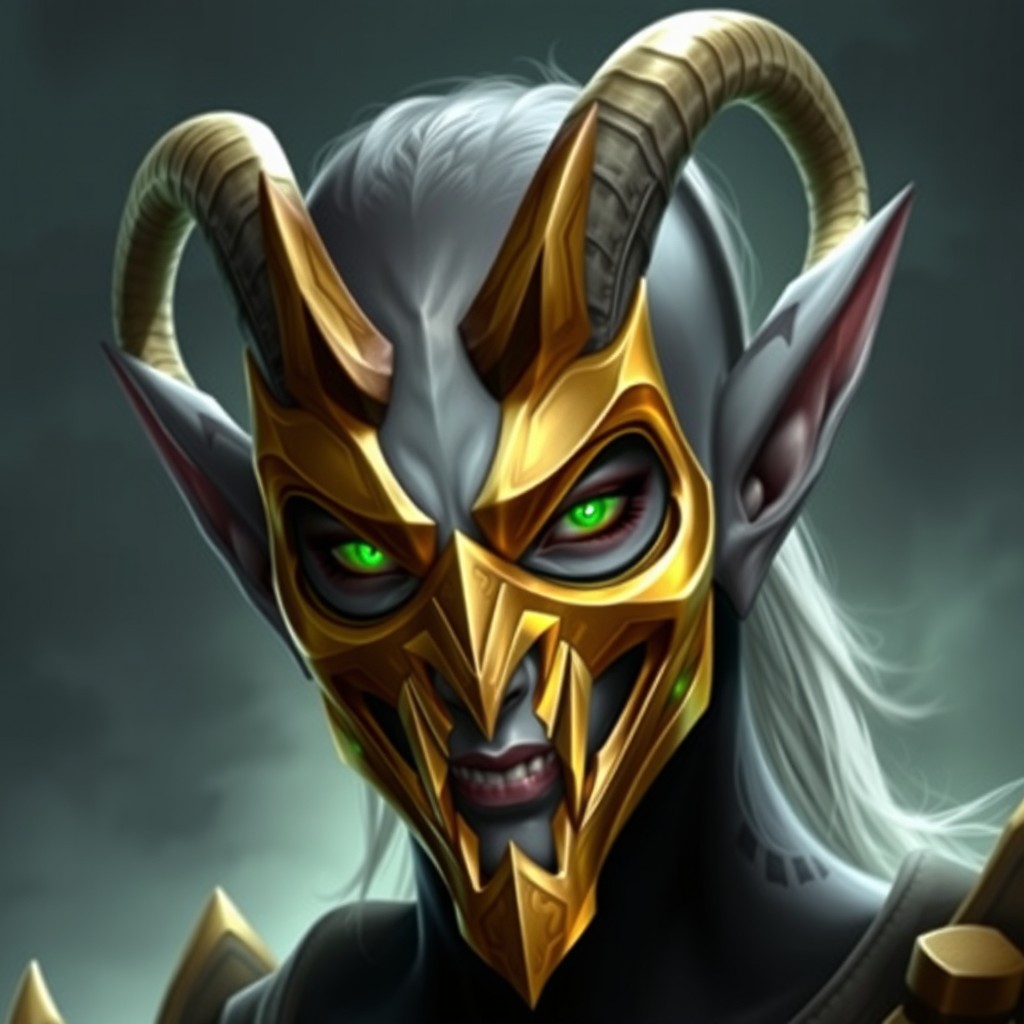 A Blood Elf demon hunter from World of Warcraft, featuring gray skin and a striking pair of curved horns protruding from the forehead