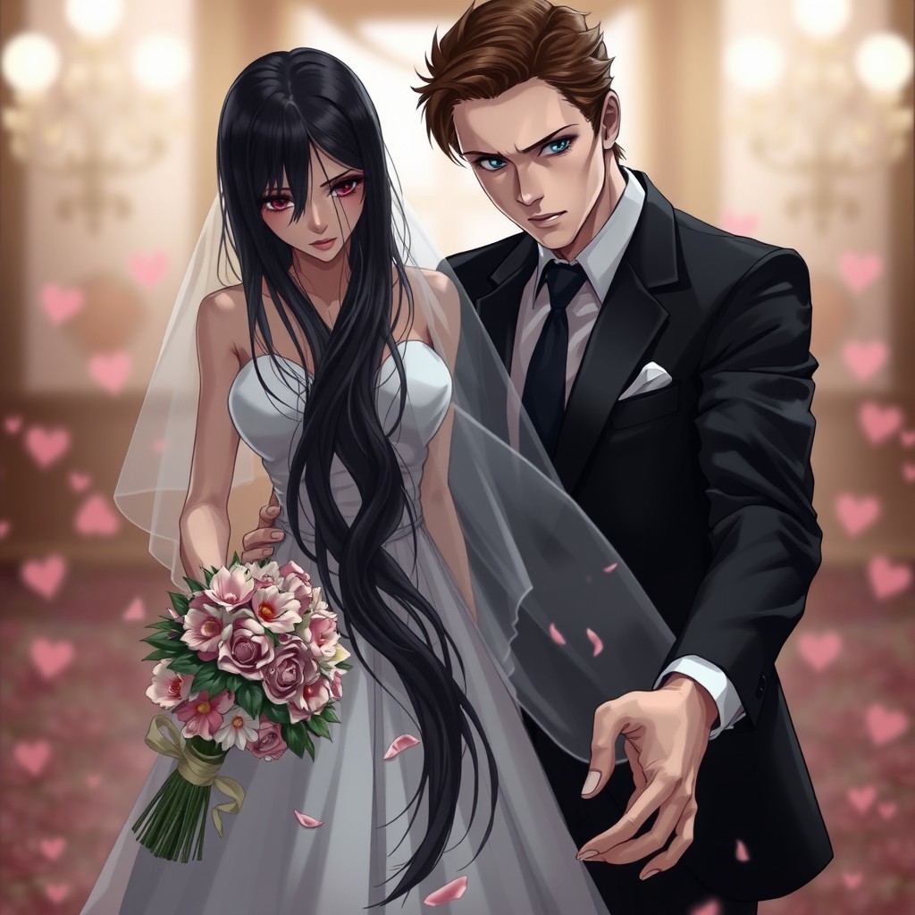 A dramatic scene featuring a woman with long black hair wearing an elegant wedding dress, holding a shattered bouquet of flowers in her hand