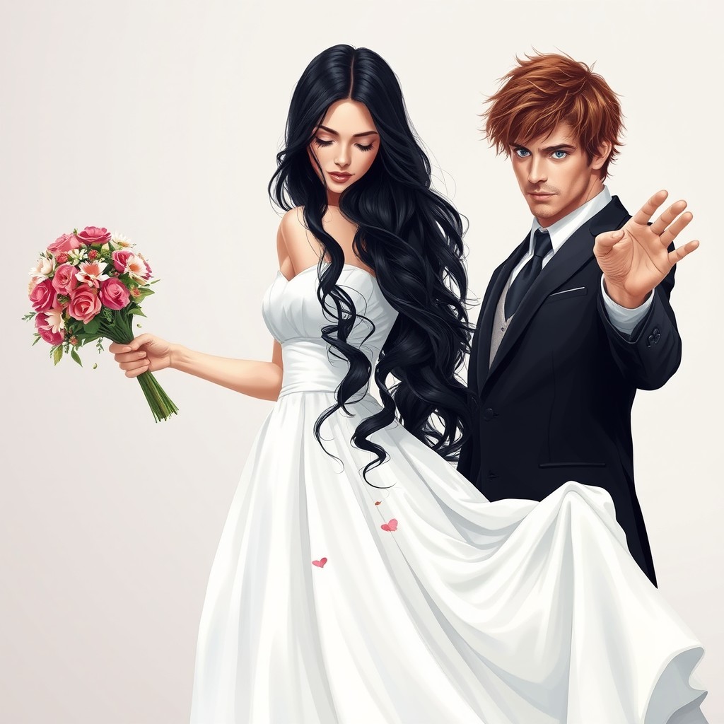 A scene depicting a woman with long, flowing black hair, elegantly dressed in a stunning white wedding dress