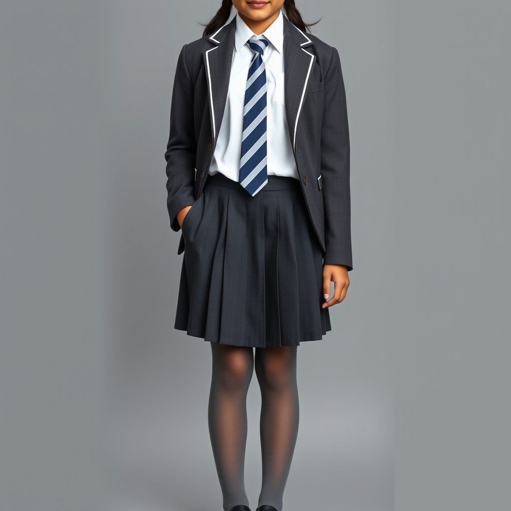 A tall Nepali girl standing confidently in a formal schoolgirl uniform