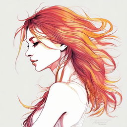 Produce a detailed drawing of a side-profile woman, her hair vividly visualized as vibrant flames.