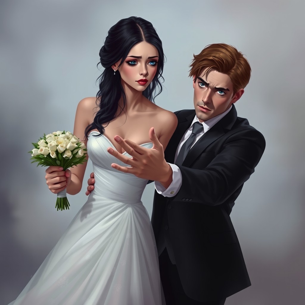 A scene depicting a woman with long black hair wearing an elegant wedding dress, looking sorrowful as she holds a shattered bouquet in her hand