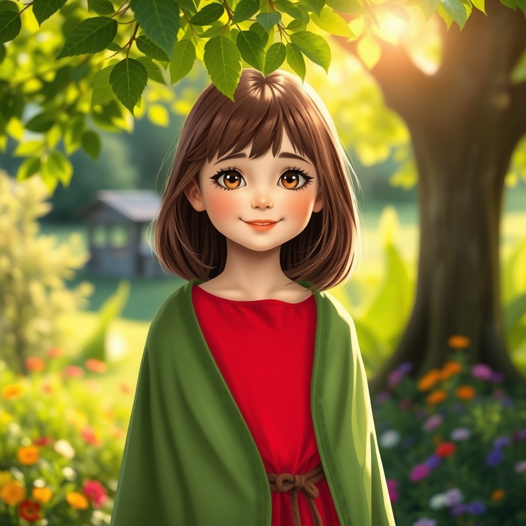 A young girl with shoulder-length brown hair and brown eyes, dressed in a vibrant red dress paired with a flowing green cloak