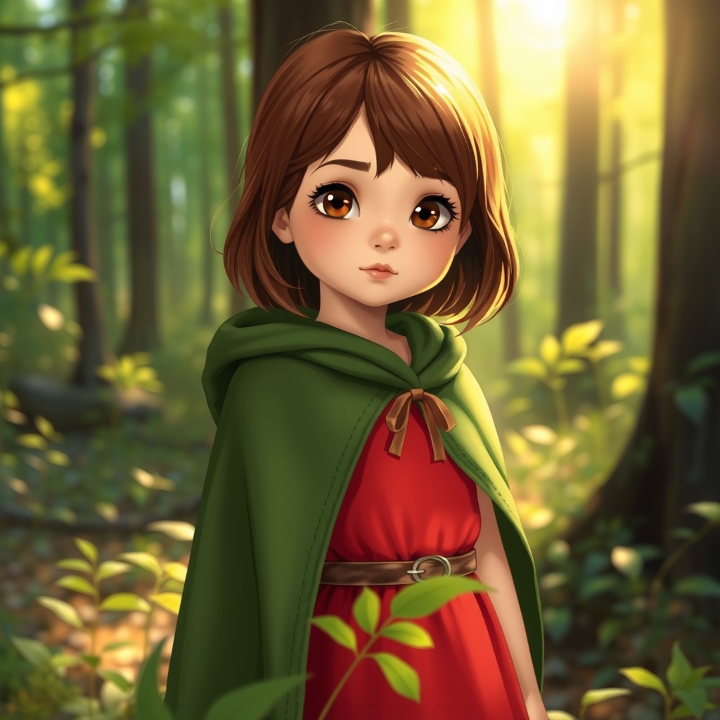 A young girl with brown shoulder-length hair and matching brown eyes, wearing a vibrant red dress
