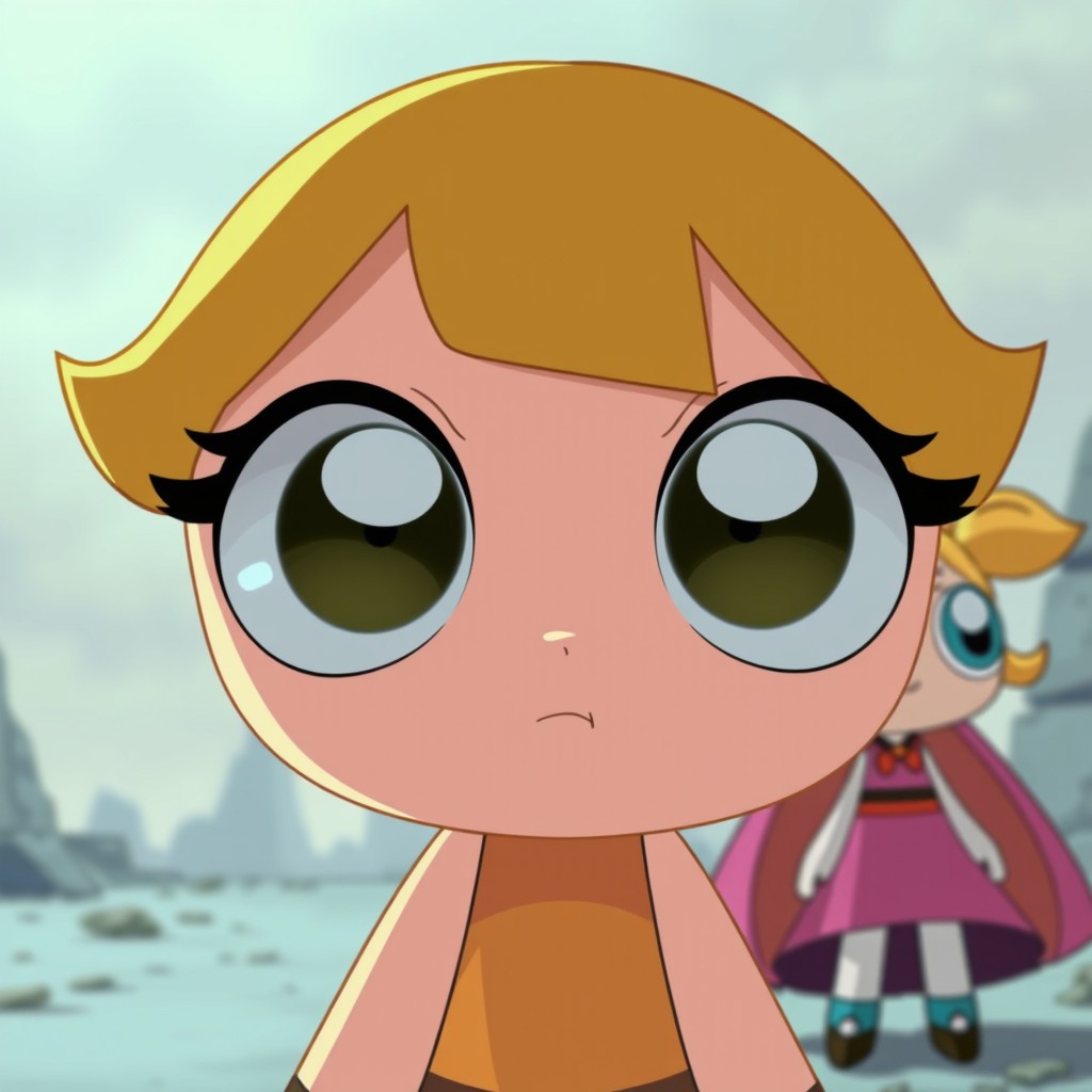 A first-person view from Blossom, the Powerpuff Girl, as she slowly opens her eyes