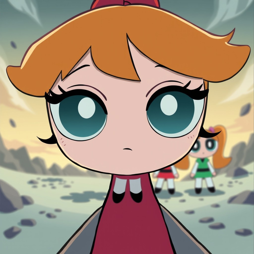 A first-person perspective view from Blossom, the Powerpuff Girl, as she gradually opens her eyes