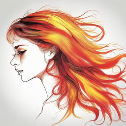 Produce a detailed drawing of a side-profile woman, her hair vividly visualized as vibrant flames.