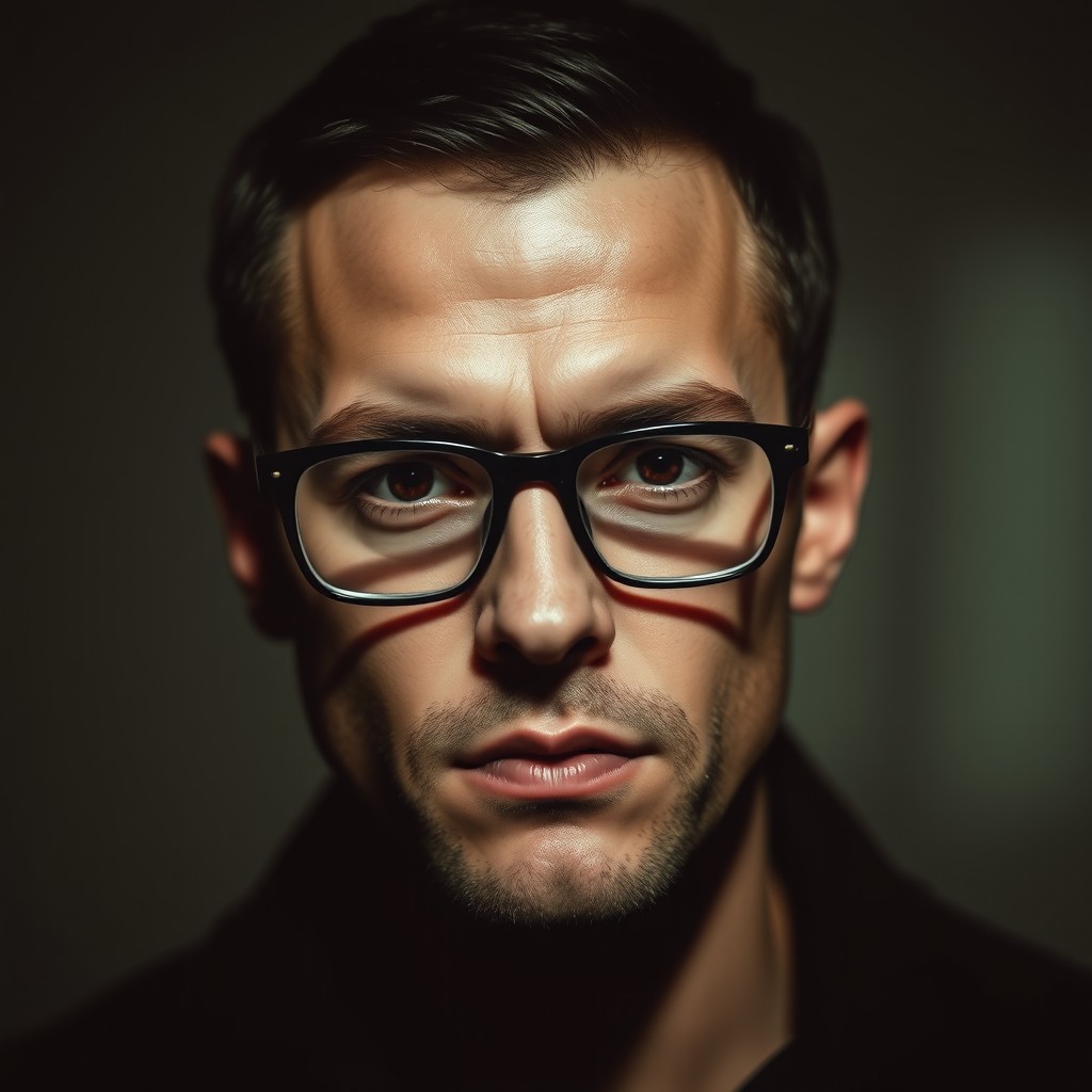 A portrait of a 30-year-old Caucasian male with a mysterious vibe