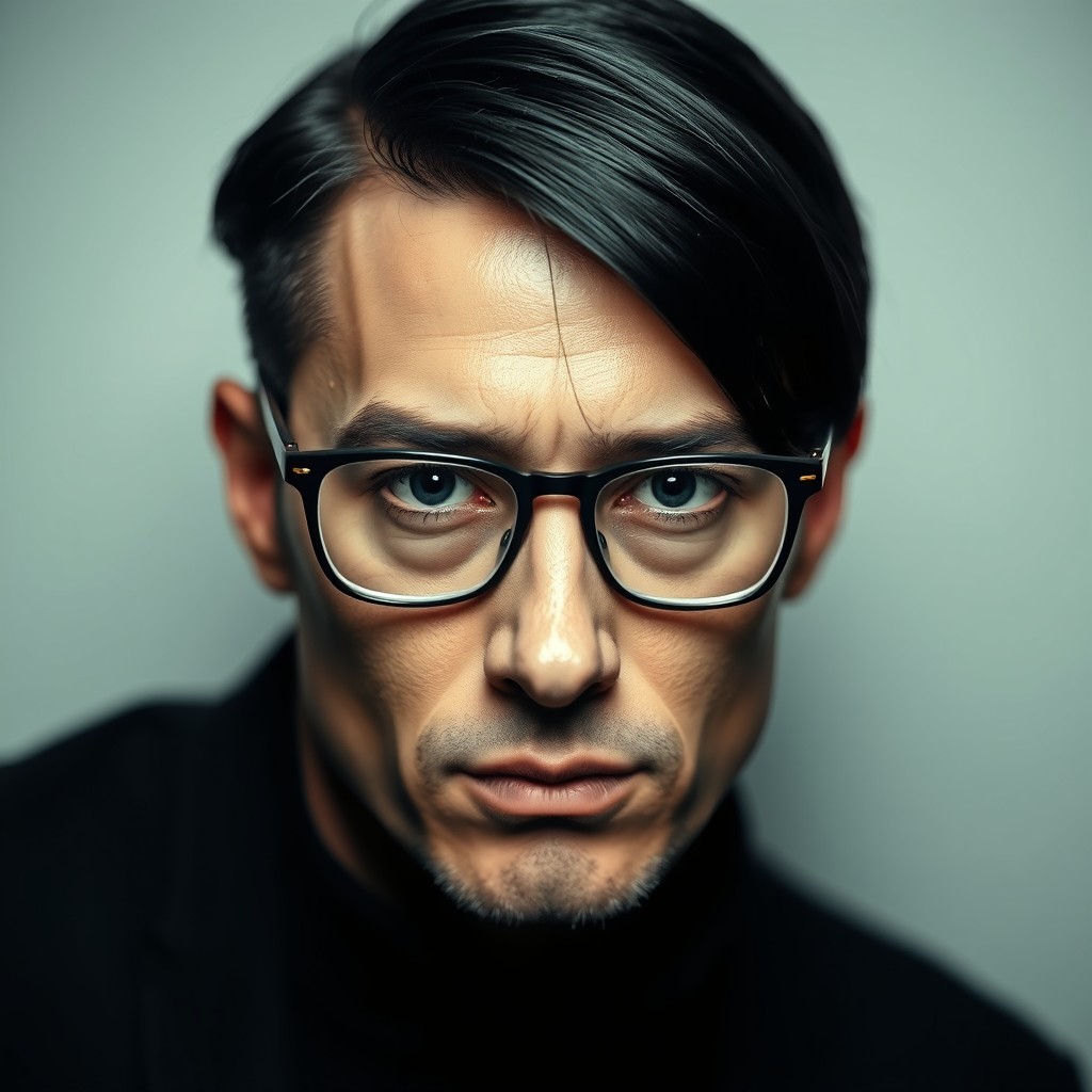 A portrait of a 30-year-old white male with a mysterious vibe, featuring sleek black hair and wearing stylish glasses