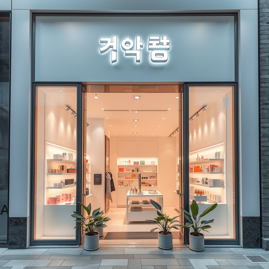 A contemporary beauty store facade, with sleek glass windows, an inviting entrance featuring elegant signage proclaiming 'لمسة' in a modern font