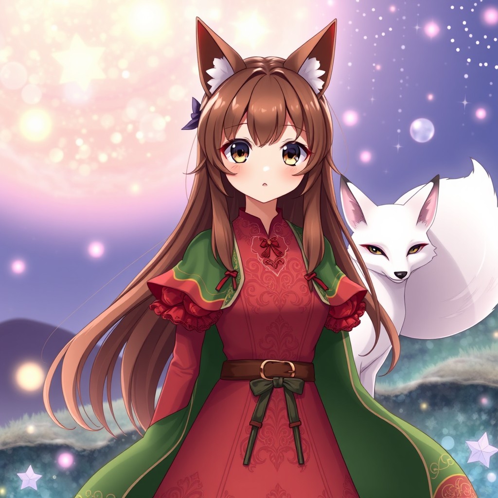 A young anime girl magician with long brown hair styled to her shoulders and bright brown eyes