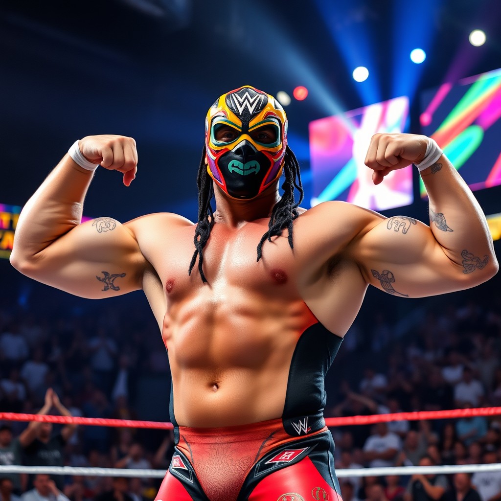 A powerful wrestler posing confidently in an arena, wearing a colorful mask and a bright, spandex wrestling outfit with unique patterns