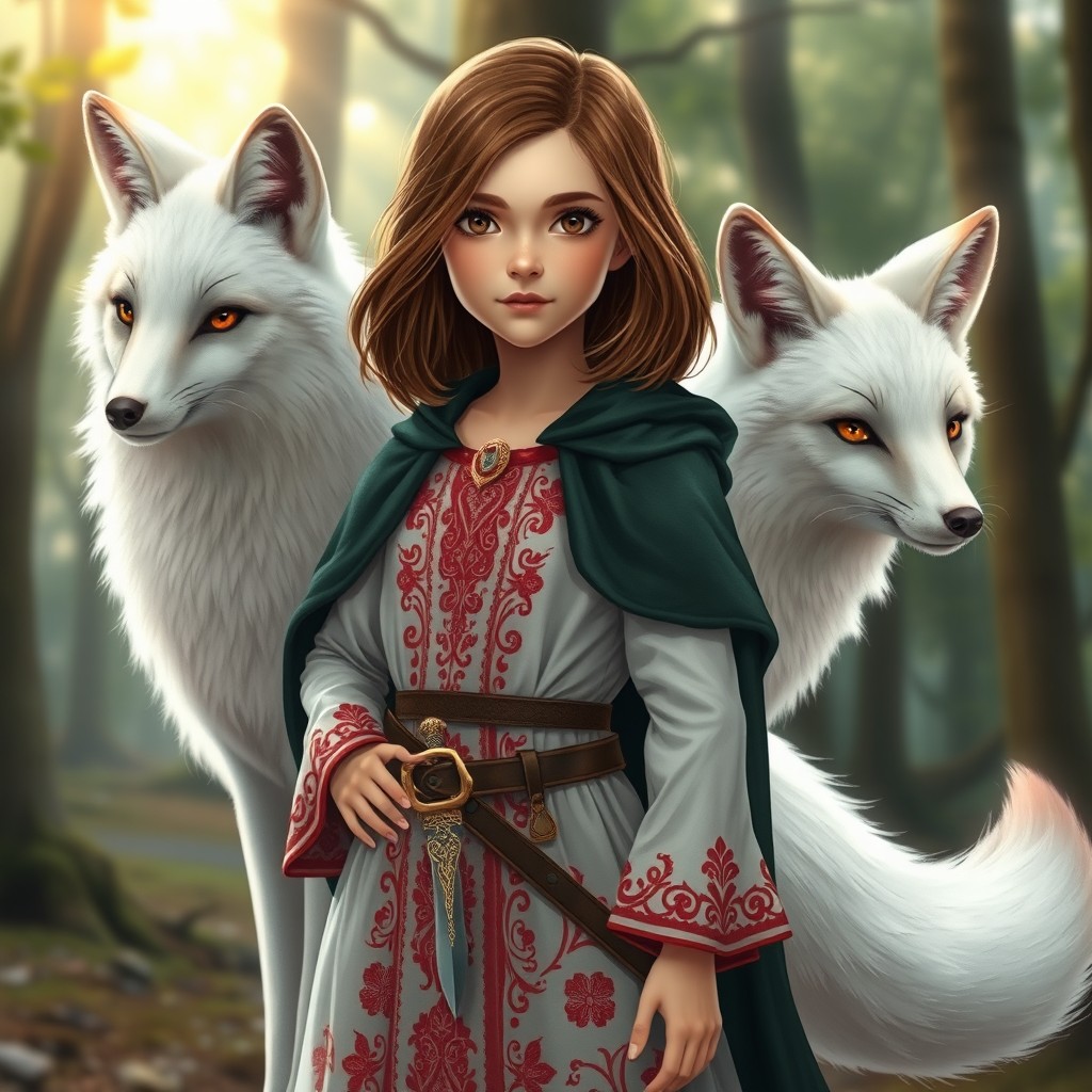 A young girl magician with shoulder-length brown hair and expressive brown eyes