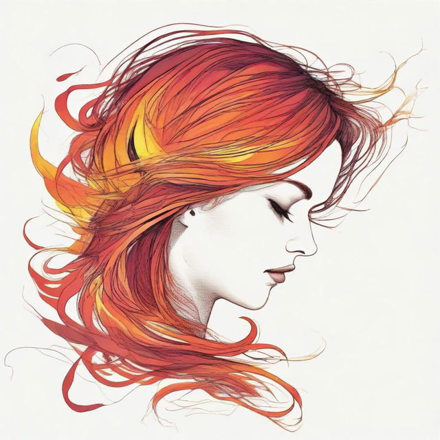 Produce a detailed drawing of a side-profile woman, her hair vividly visualized as vibrant flames.