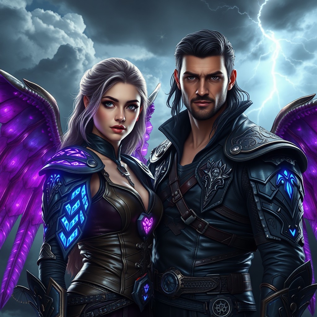 An ultrarealistic portrait of a fantasy epic couple, Violet Sorrengail and Xaden Riorson, standing together in a steampunk fantasy world