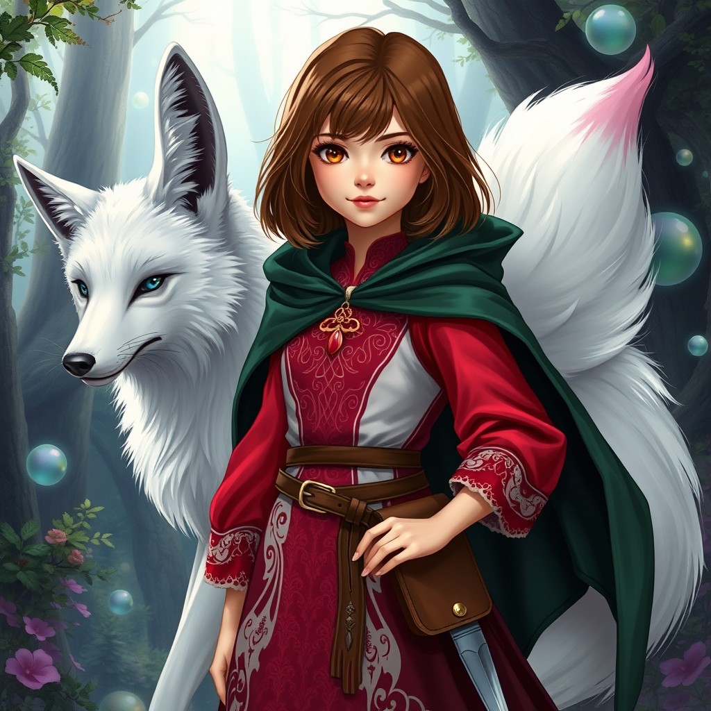 A young fantasy girl magician with shoulder-length brown hair and sparkling brown eyes