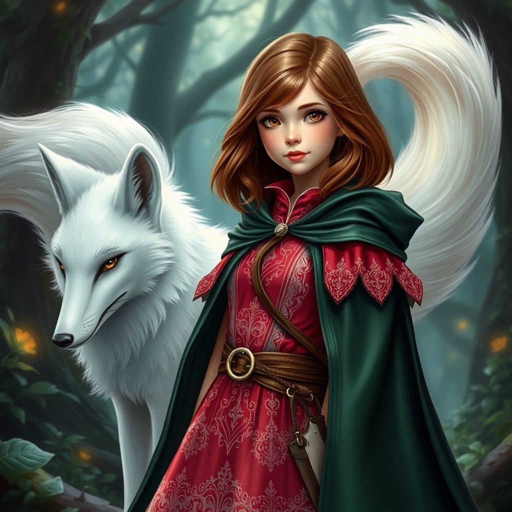 A young fantasy girl magician with shoulder-length brown hair and sparkling brown eyes