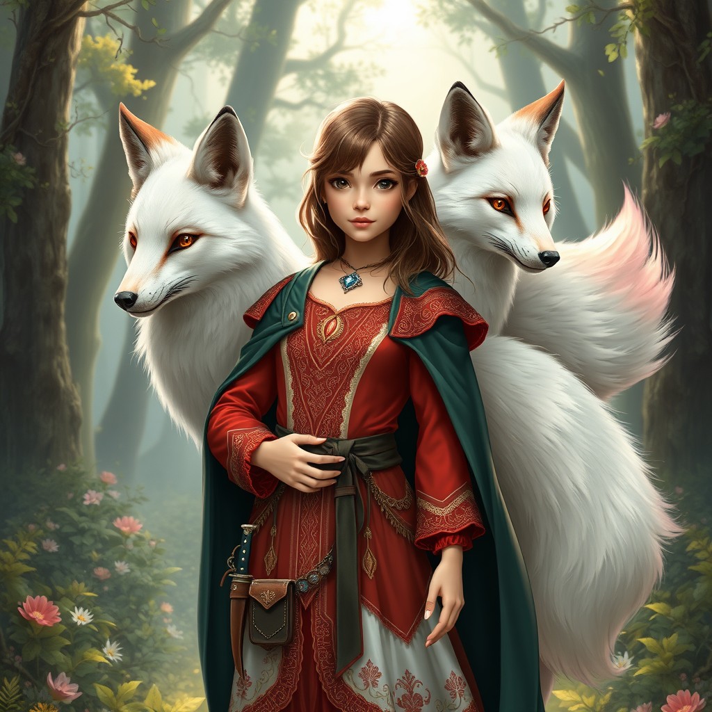A young fantasy girl tamer with shoulder-length brown hair and warm brown eyes