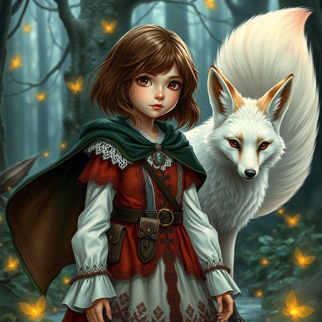 In a spellbinding style, a young girl with shoulder-length brown hair and warm brown eyes captures the essence of fantasy
