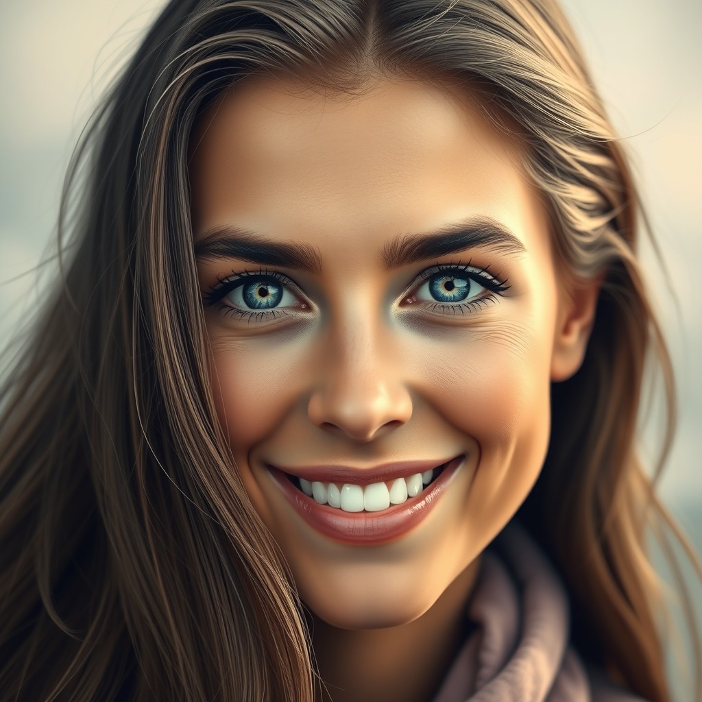 A detailed portrait of a person with striking features, featuring long flowing hair that catches the light, vibrant blue eyes that sparkle with personality, and a warm smile that invites connection