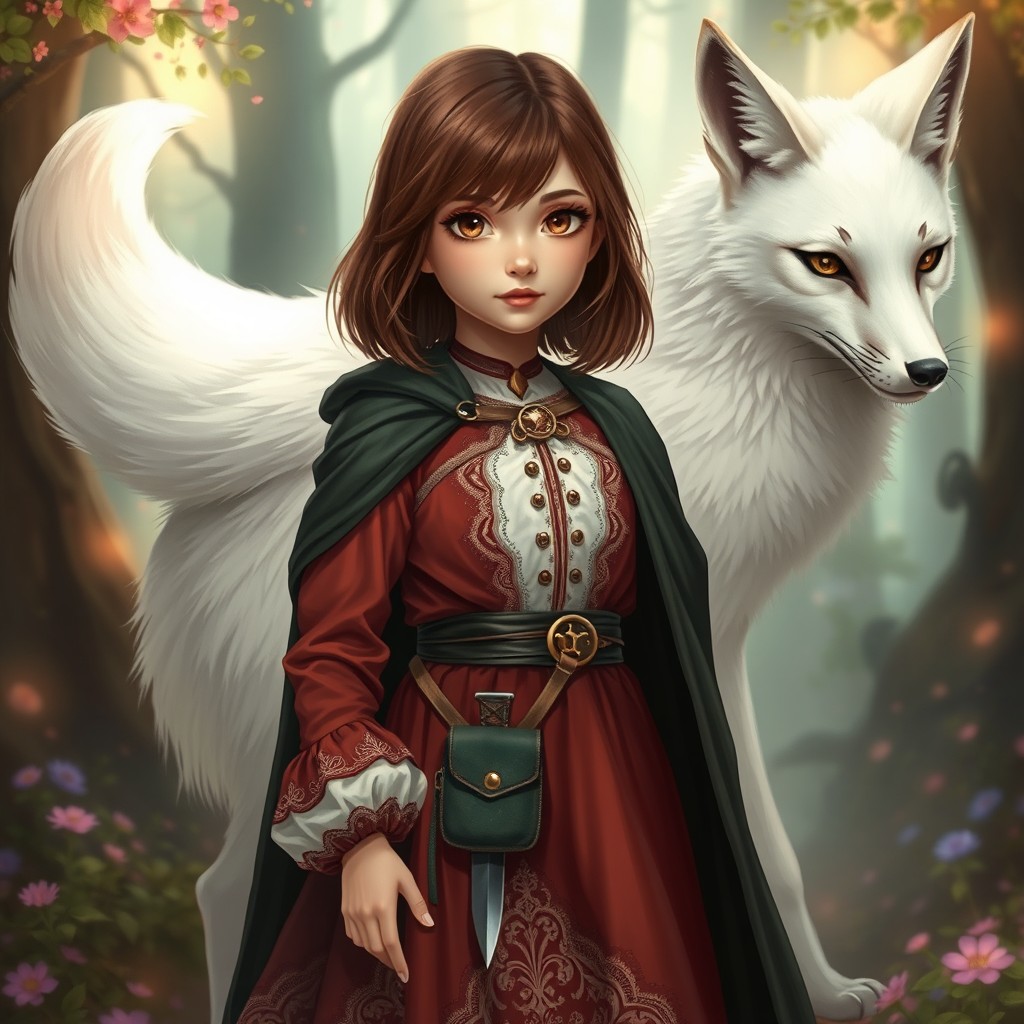 In a spellbinding style, a young girl with shoulder-length brown hair and warm brown eyes stands poised in a magical setting