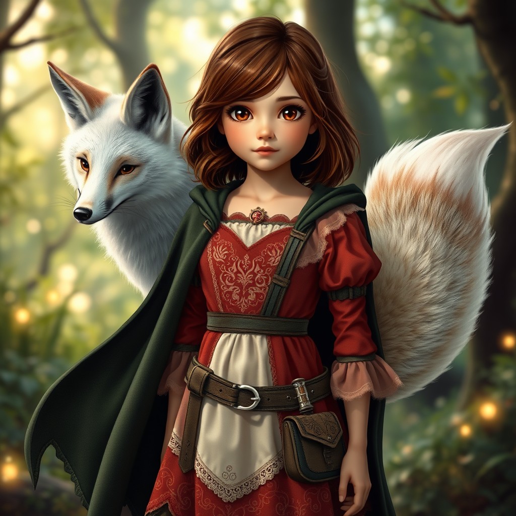 In a spellbinding style, a young girl with shoulder-length brown hair and bright brown eyes stands enchantingly