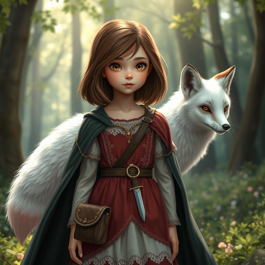 In a spellbinding style, a young girl with shoulder-length brown hair and sparkling brown eyes stands in a whimsical forest setting