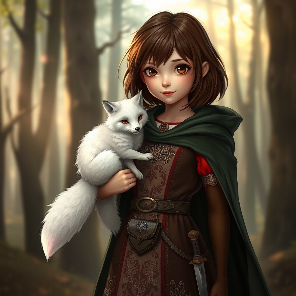 In a spellbinding style, a young girl with shoulder-length brown hair and expressive brown eyes stands confidently